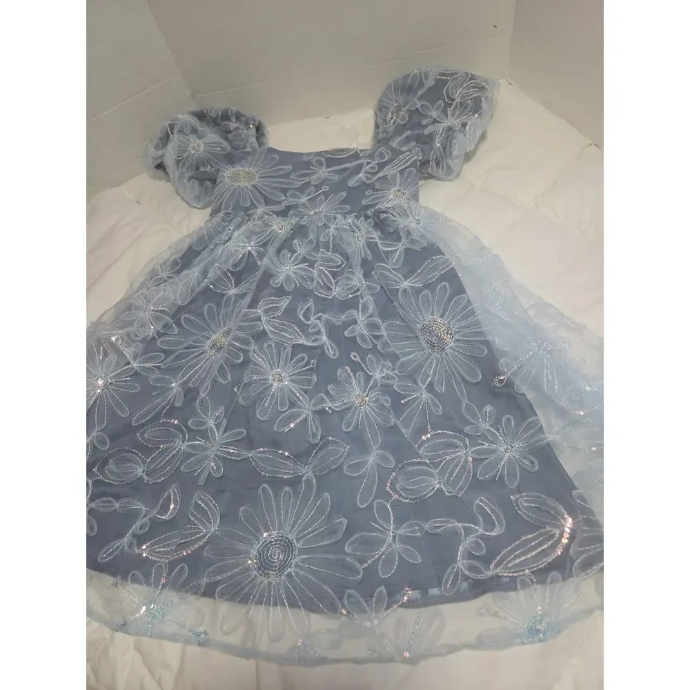 Lipsy Girls Light Blue Holiday Evening Princess Dress Sequin Flowers 7 8y Fairy